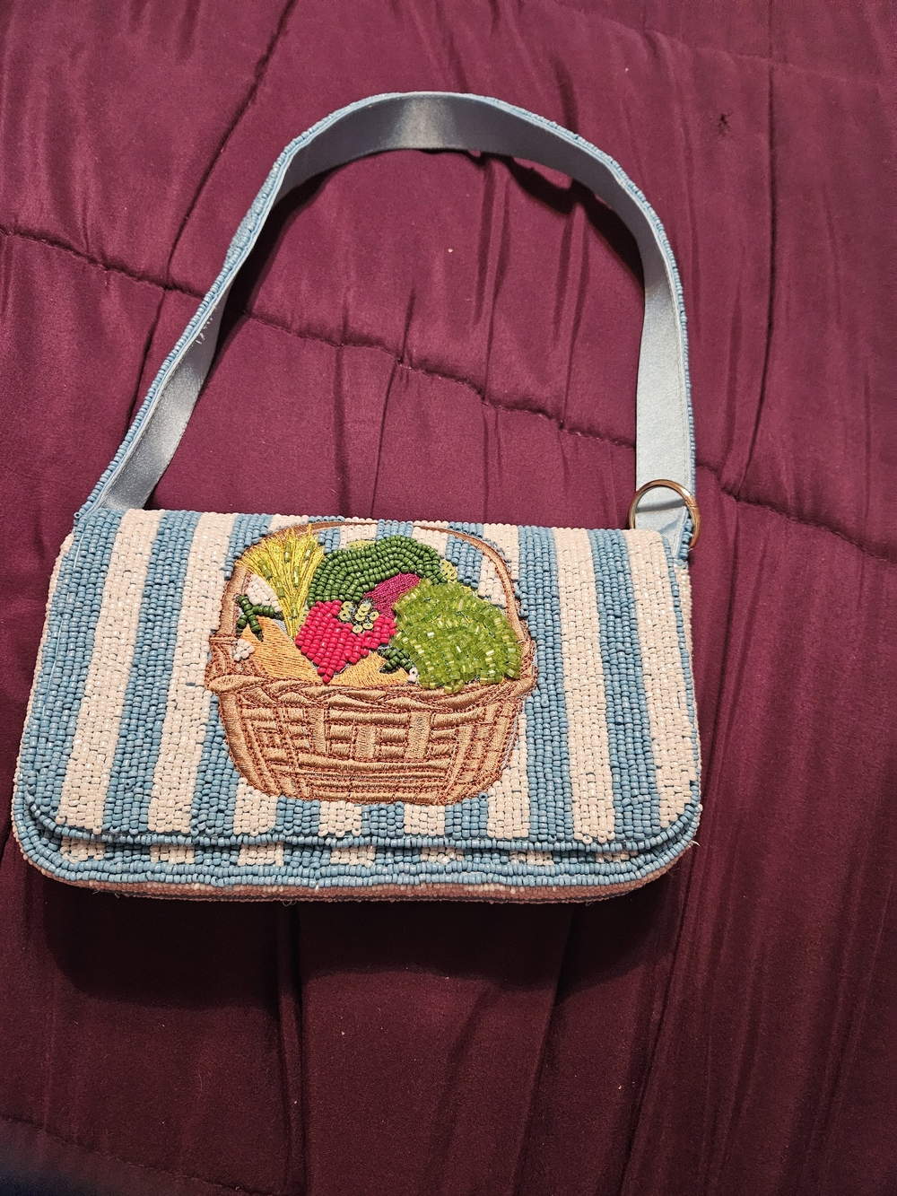 NWOT Beaded Basket Motif Stripe Shoulder Bag - Blue & White